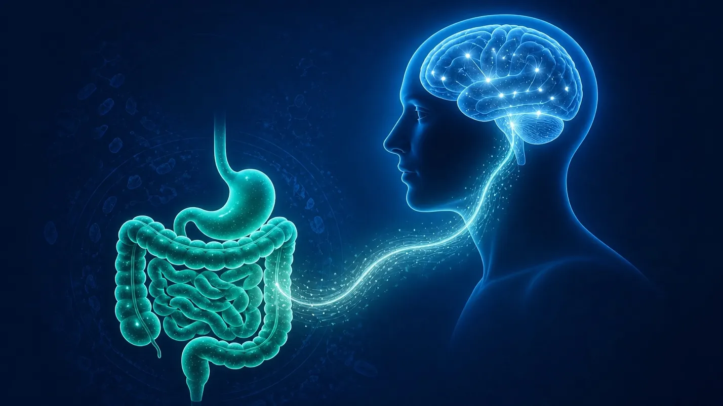 Illustration of the gut-brain axis showing the connection between digestion and cognitive performance