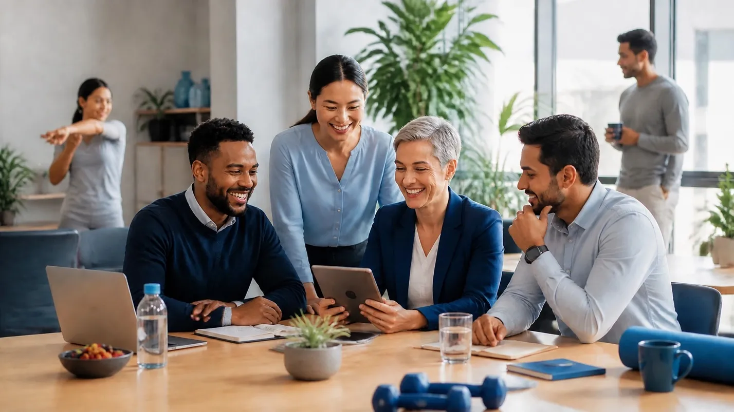 A thriving, energized team collaborating together in a healthy workplace