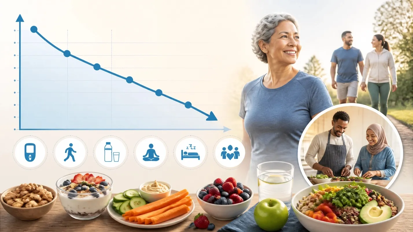 Collage showing a declining A1C trend line alongside glucose monitoring, walking, and family meal prep