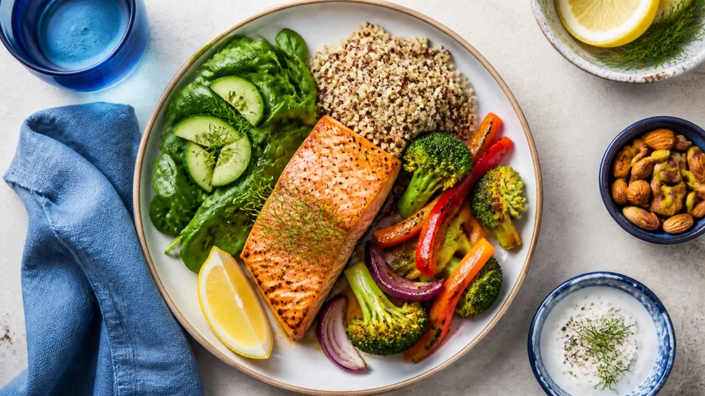 Diabetes Plate Method meal with salmon, quinoa, and colorful roasted vegetables