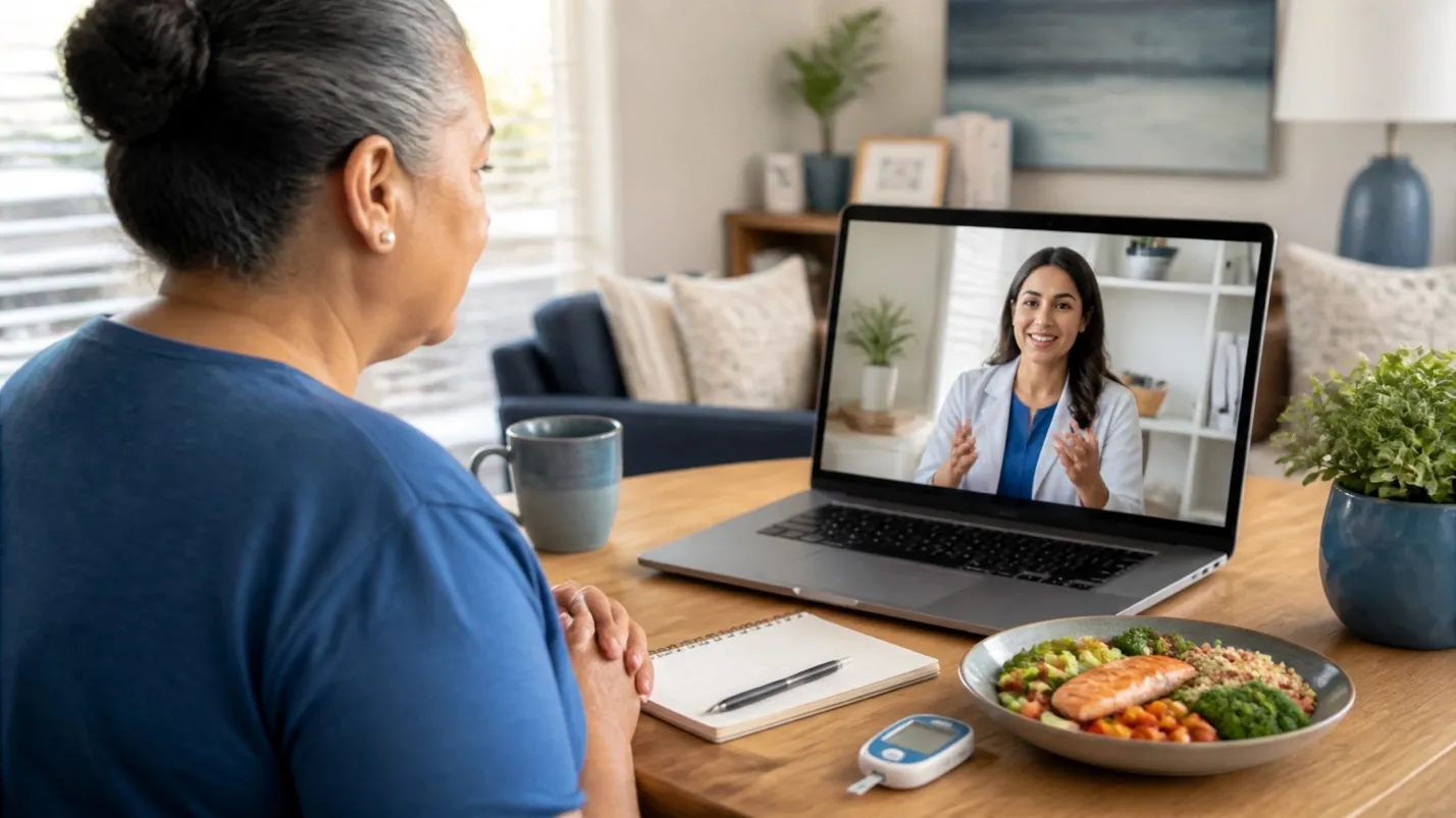 Patient on a virtual telehealth call with a registered dietitian, glucose meter and balanced plate on the table