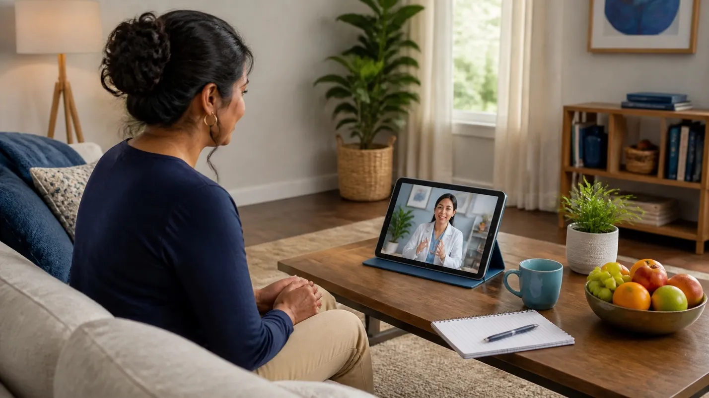 Patient meeting with a registered dietitian over a virtual tablet call from home