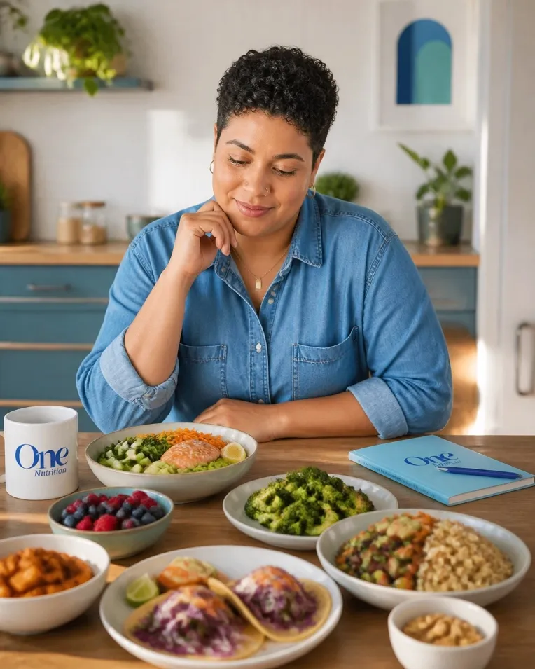 Adult practicing intuitive eating at a welcoming kitchen table with a variety of foods