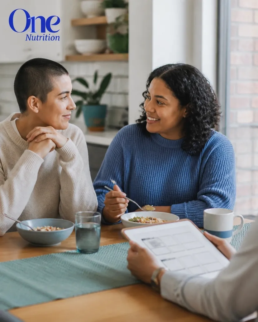 Adult and loved one sharing a relaxed meal conversation with supportive nutrition guidance nearby