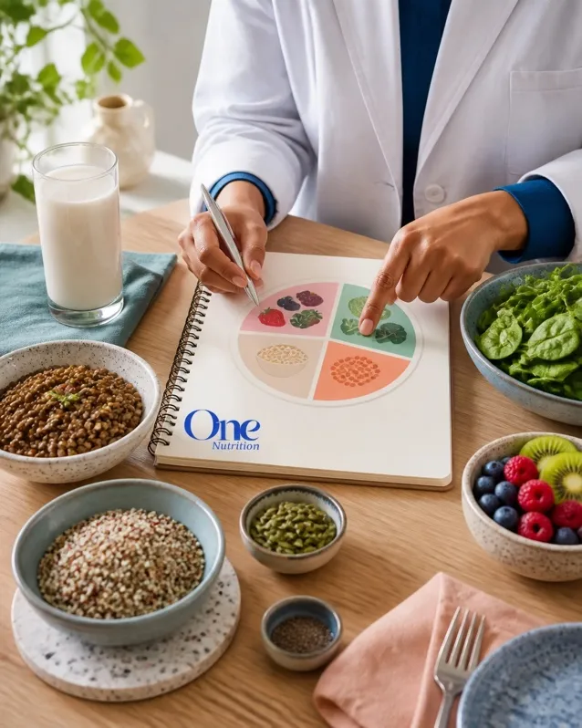 Balanced allergy-friendly meal plan with lentils, quinoa, leafy greens, fruit, and fortified beverage