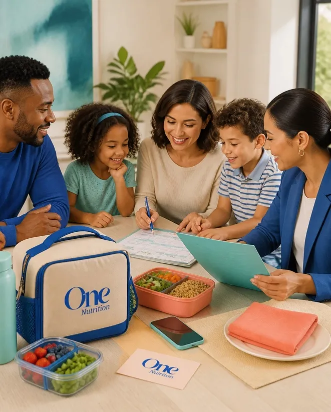 Family and professional planning allergy-friendly meals with a lunchbox, containers, menu, and phone