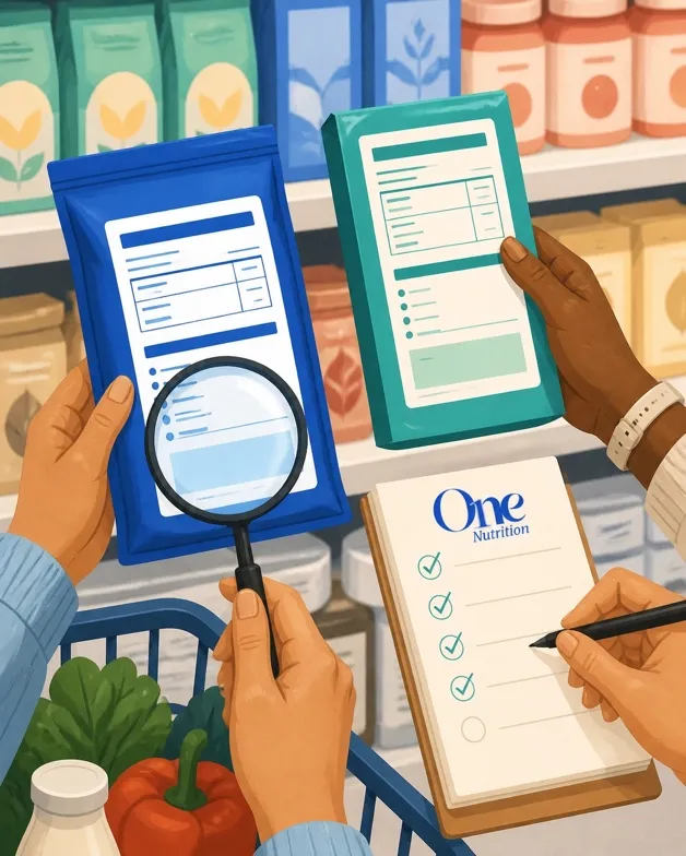 Hands comparing packaged food labels while grocery shopping
