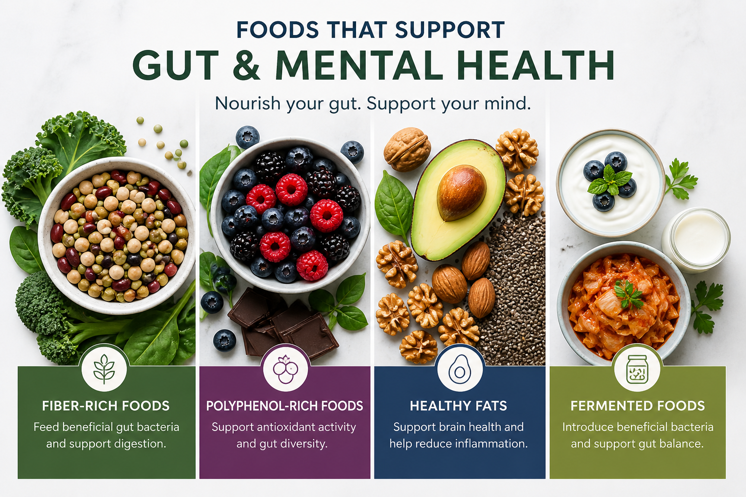 Fiber-rich foods, berries, healthy fats, and fermented foods that support gut health