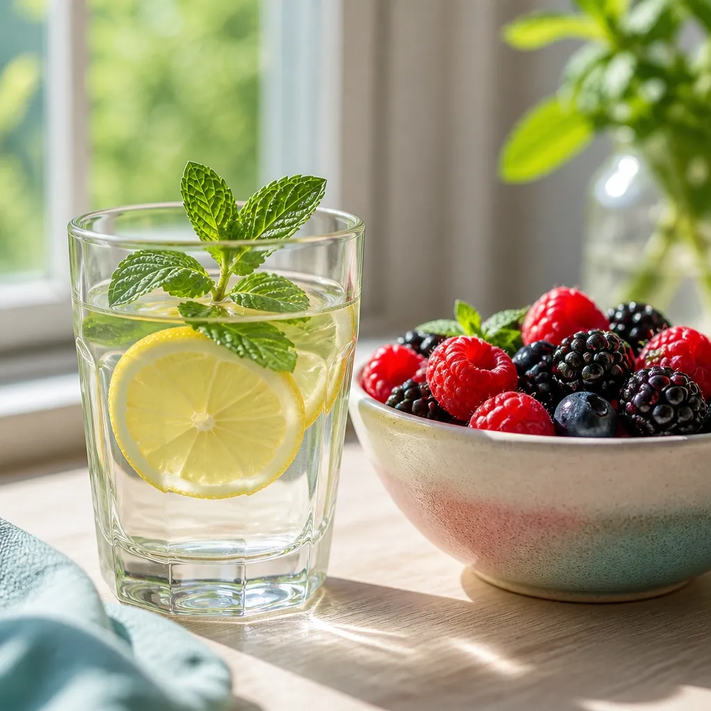 Glass of infused water with lemon and mint beside a bowl of fresh berries for hydration