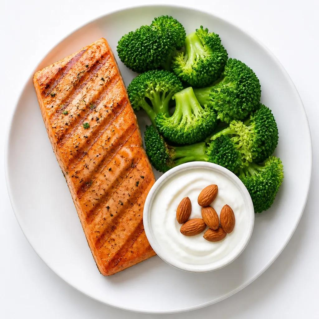 High-protein plate with grilled salmon, broccoli, Greek yogurt, and almonds