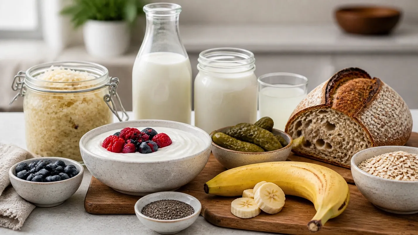 Fermented and high-fiber foods that support gut health: yogurt, berries, banana, oats, and sourdough