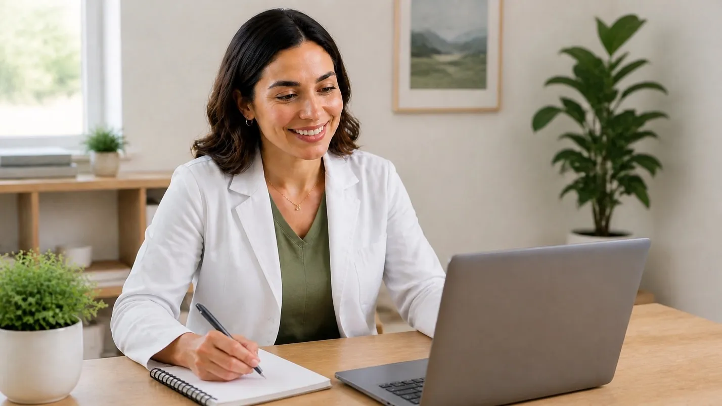 Registered dietitian on a virtual telehealth call from a home office