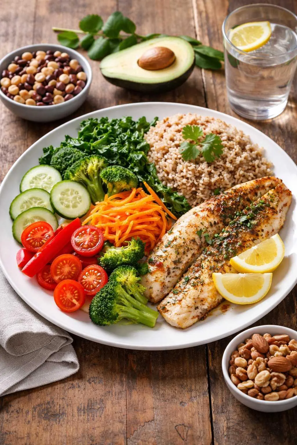 Balanced DASH-style plate with vegetables, whole grains, lean protein, and healthy fats.