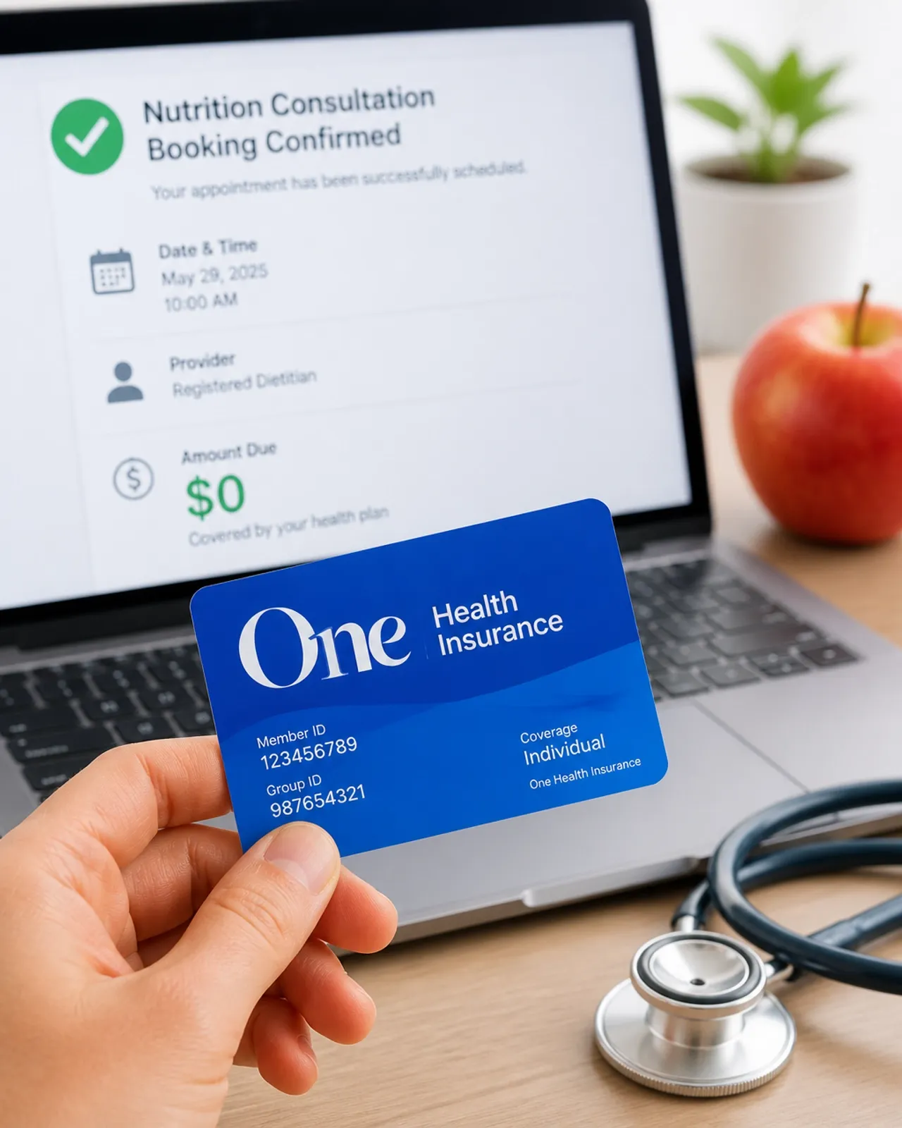 Nutrition consultation booking confirmed for $0 out of pocket, covered by insurance