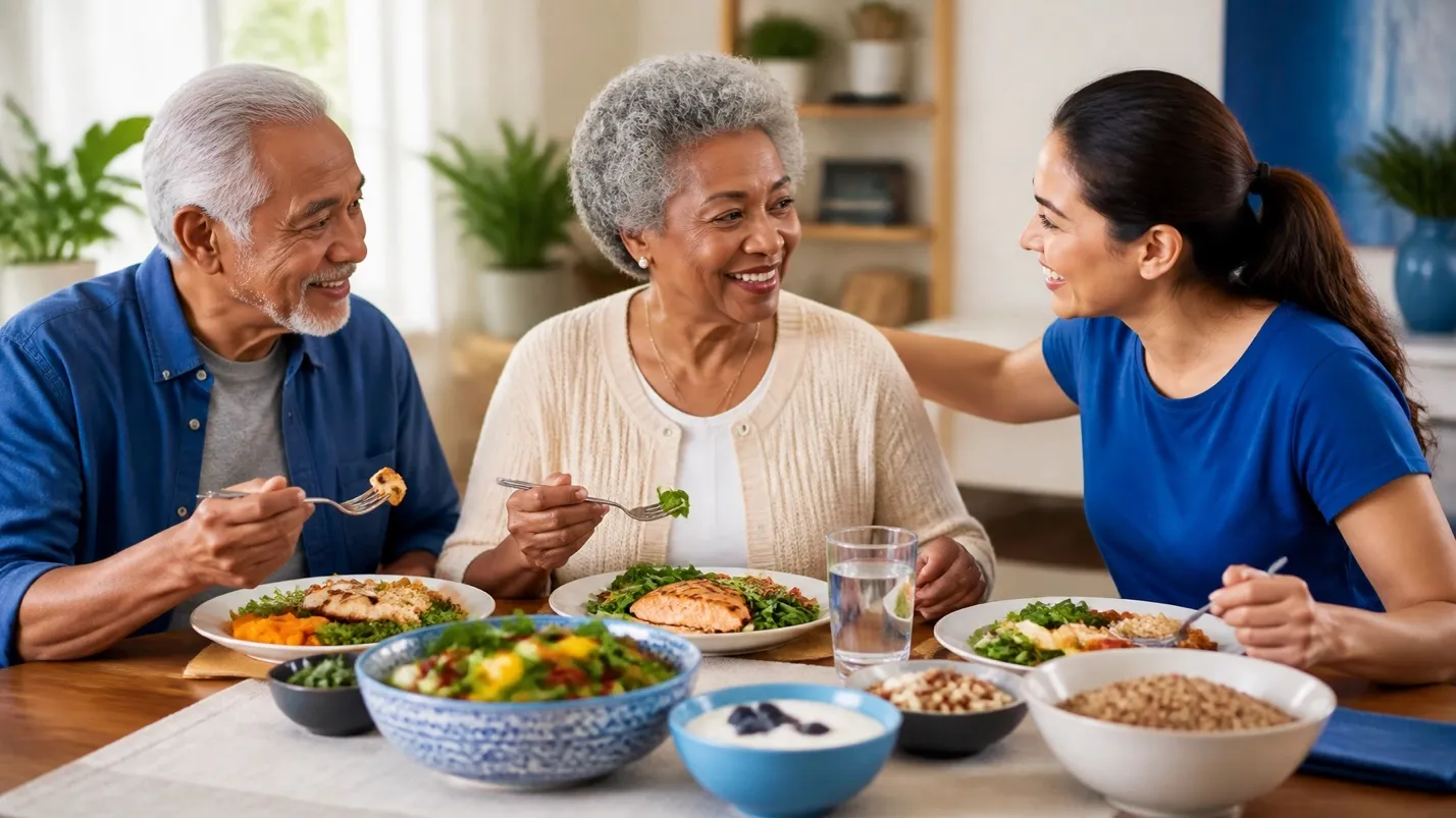 An older adult couple and family caregiver sharing a balanced meal at home