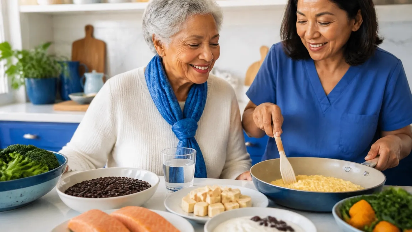 An older adult and caregiver preparing protein-rich foods together in a bright kitchen