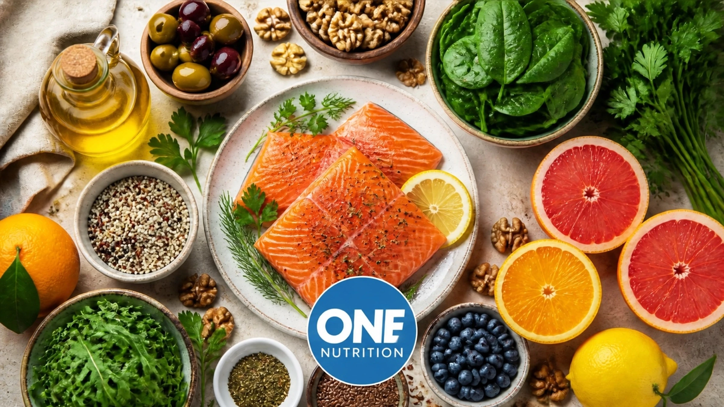 Anti-inflammatory foods including salmon, leafy greens, citrus, berries, nuts, and olive oil
