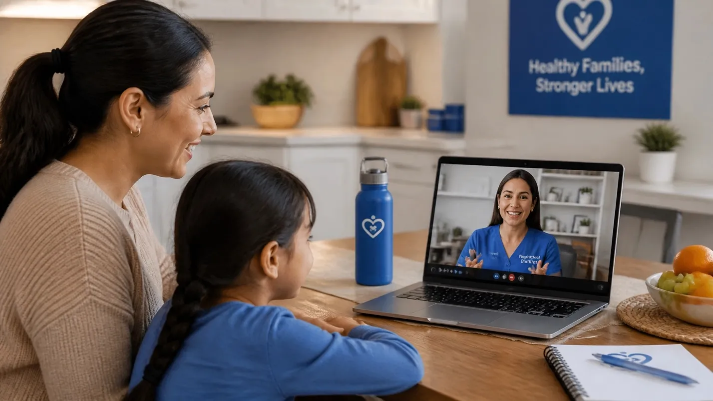 Mother and daughter on a virtual telehealth call with a pediatric registered dietitian from home