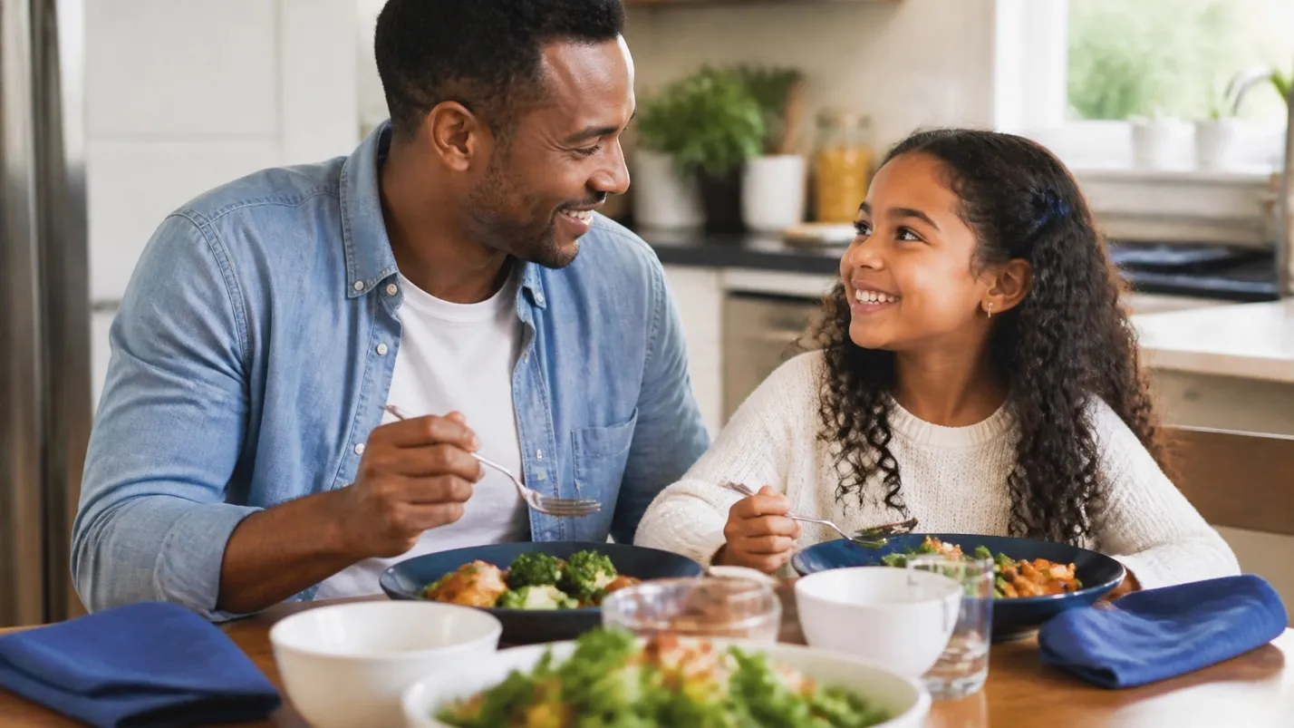 A father and young daughter smiling and eating a balanced meal together at the kitchen table
