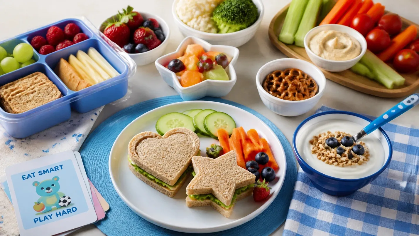 Kid-friendly lunchbox and plate with heart and star shaped sandwiches, fruits, vegetables, hummus, and yogurt alongside an Eat Smart Play Hard card