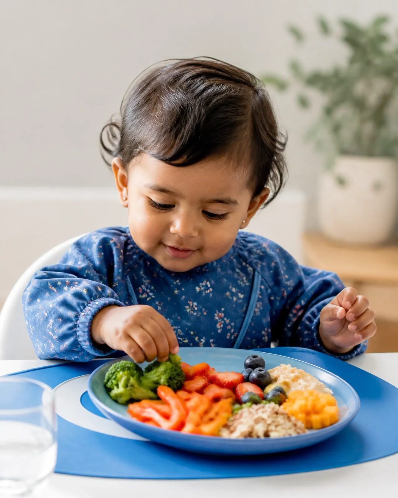 Toddler in a high chair reaching for a colorful plate of broccoli, strawberries, blueberries, and oatmeal