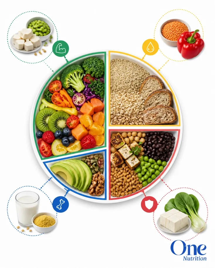 A balanced plant-based plate with vegetables, whole grains, legumes, tofu, and healthy fats