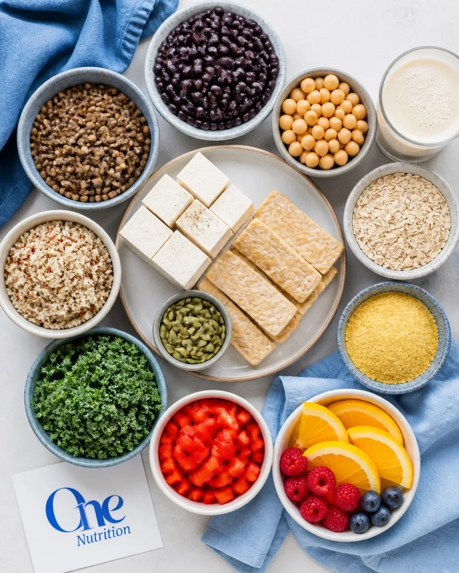 Colorful plant-based foods including beans, tofu, lentils, greens, grains, seeds, and fortified plant milk
