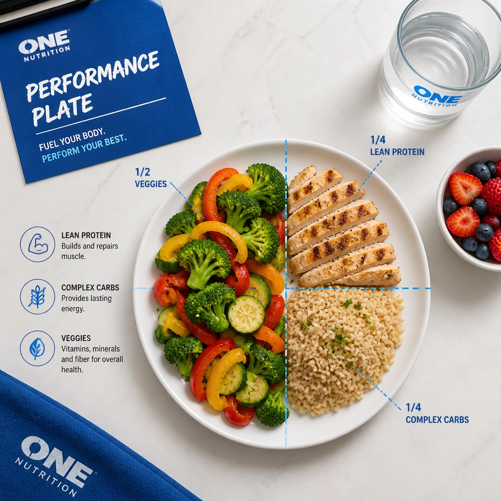 A balanced performance plate for young athletes featuring protein, carbs, and vegetables.