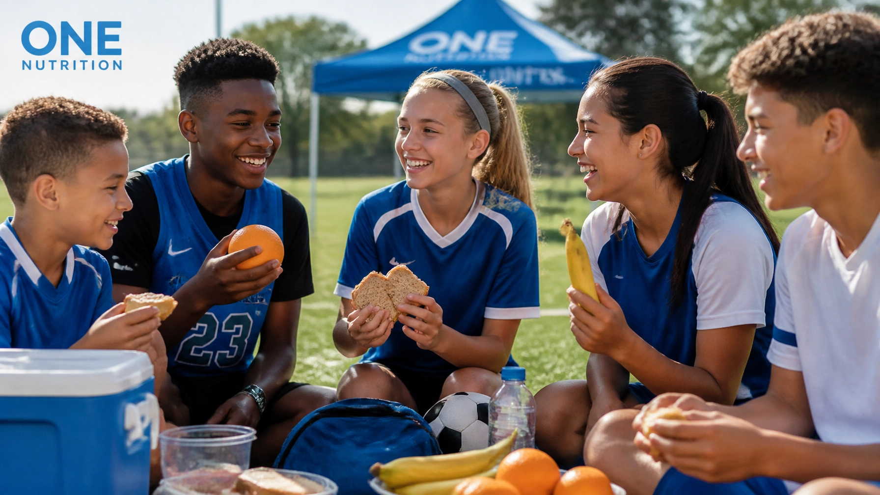 A group of active kids and teens sharing healthy snacks on a sports field, featuring ONE Nutrition branding.