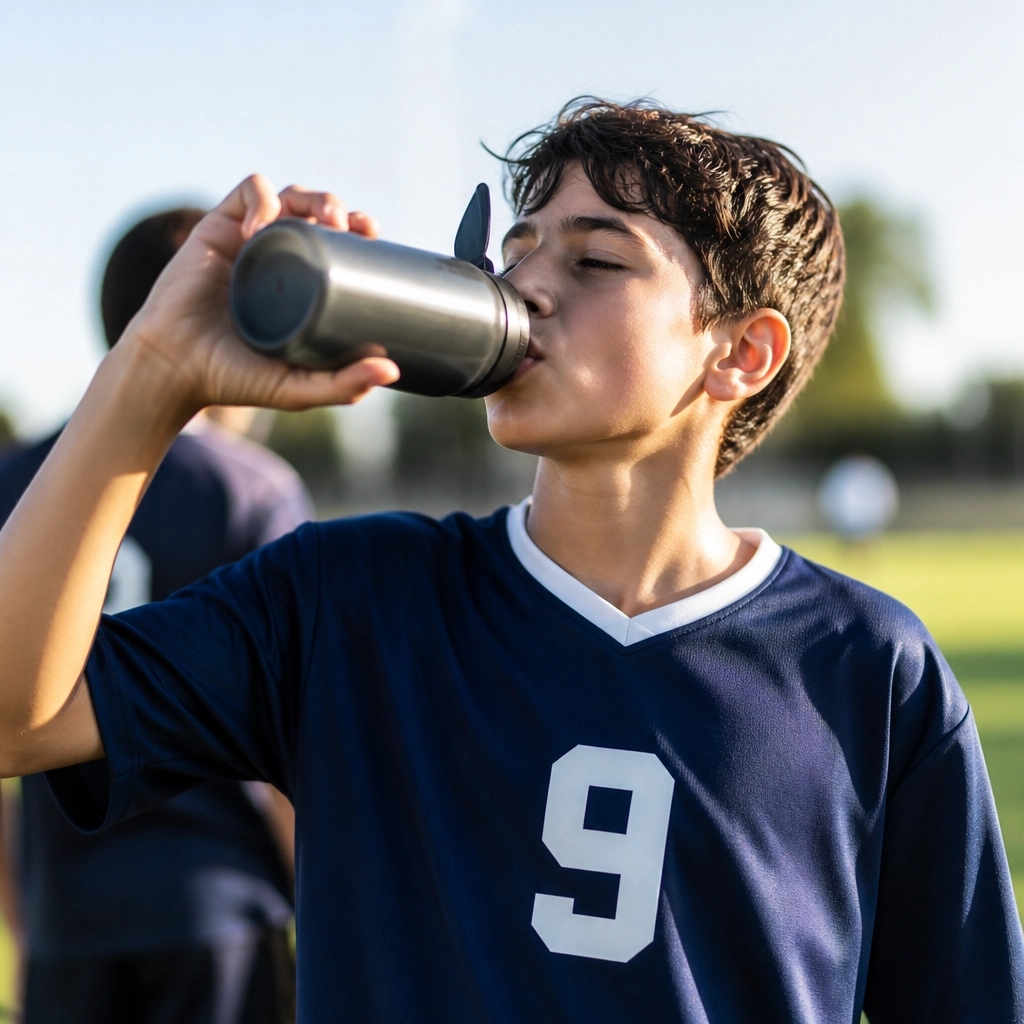 A young teen athlete staying hydrated with water on a soccer field.