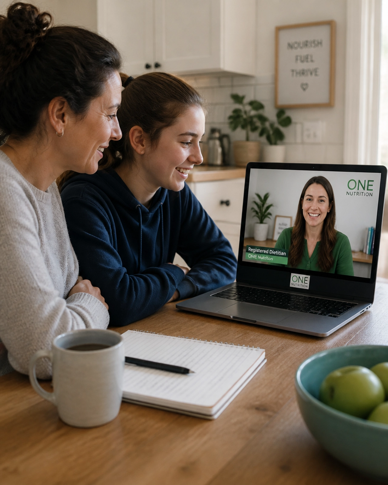 A parent and teen having a virtual consultation with a ONE Nutrition Registered Dietitian.