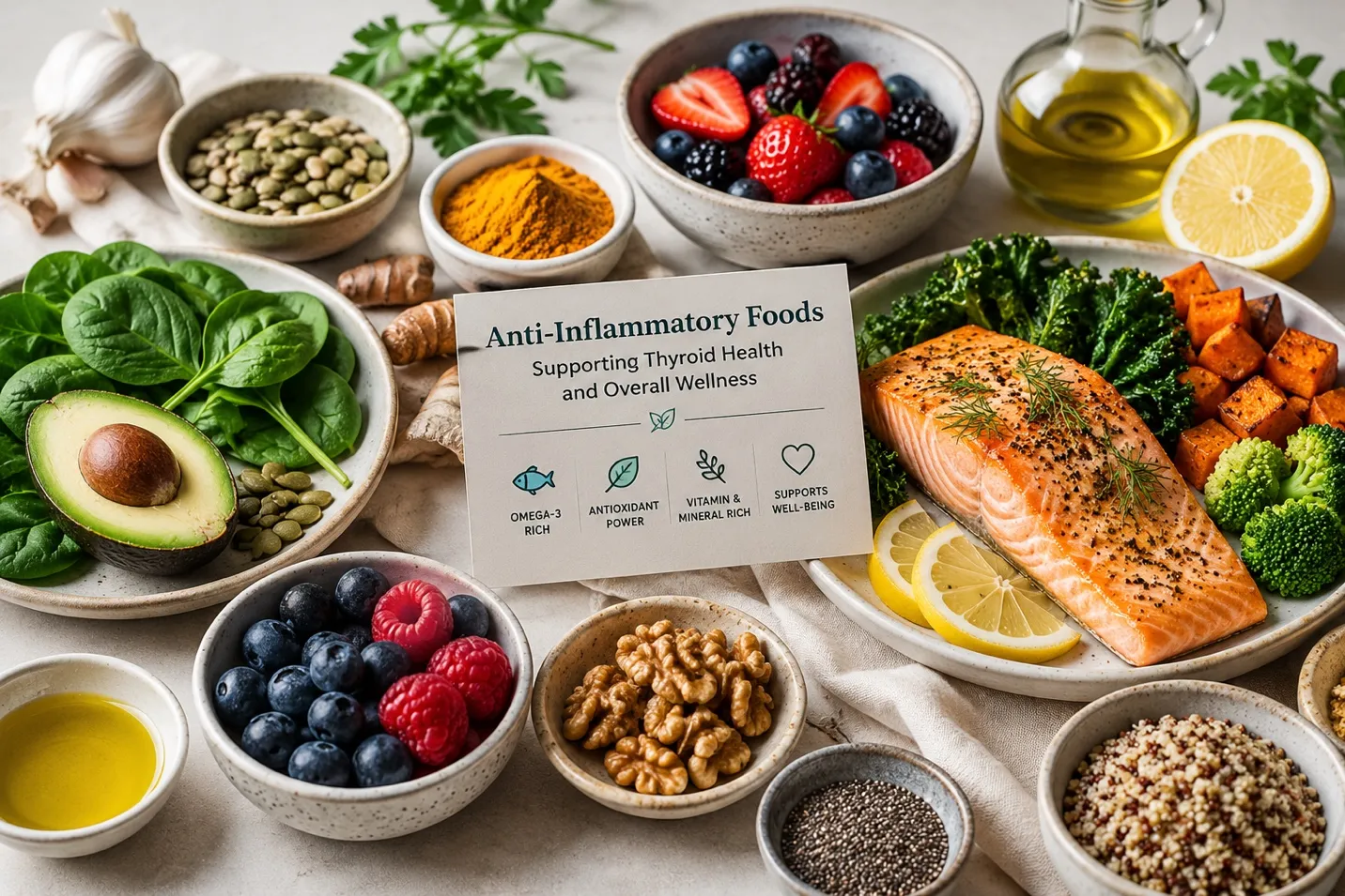 Branded Anti-Inflammatory Foods card surrounded by salmon, avocado, leafy greens, berries, and walnuts