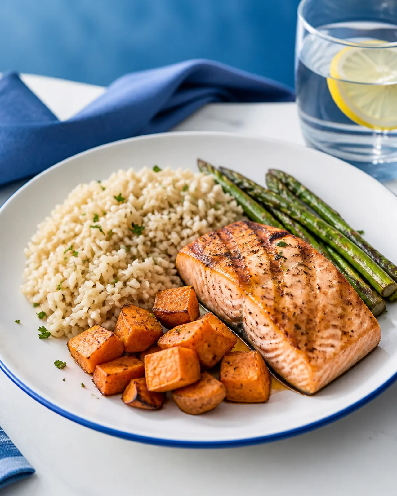 Post-tournament recovery plate with grilled salmon, rice, roasted sweet potatoes, and asparagus