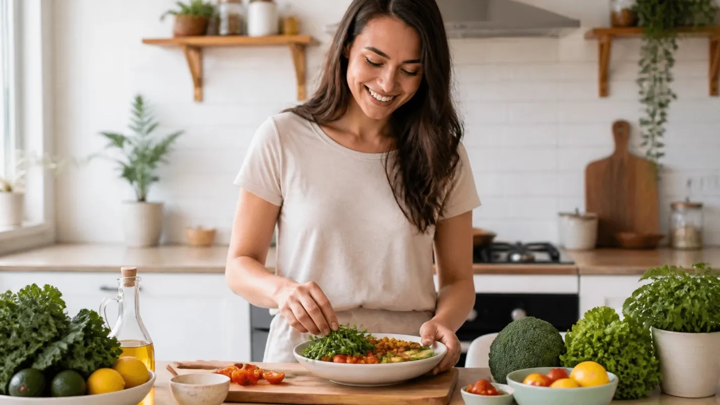 Woman preparing a healthy meal at home with fresh vegetables