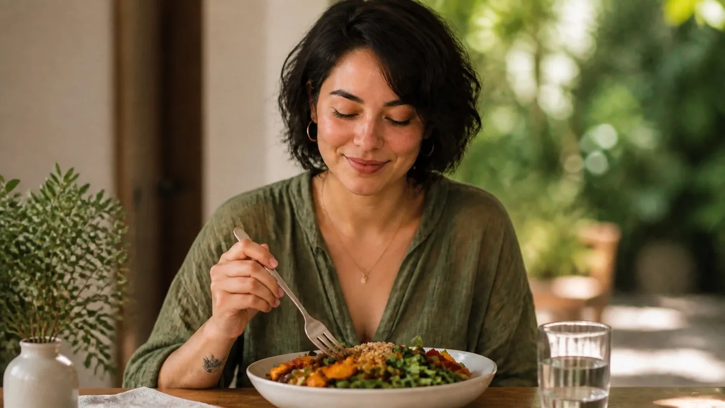 Woman practicing mindful eating, enjoying a meal outdoors